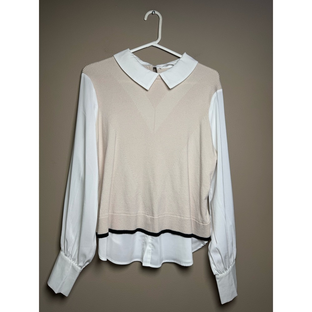 Sioni Milano Womens XL Mixed Media Sweater Collared Layered Look Beige White